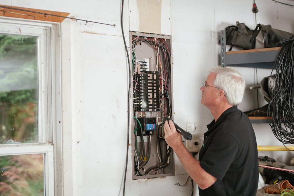 Electrician inspecting a residential fuse box for electrician marketing Mountain Lakes NJ