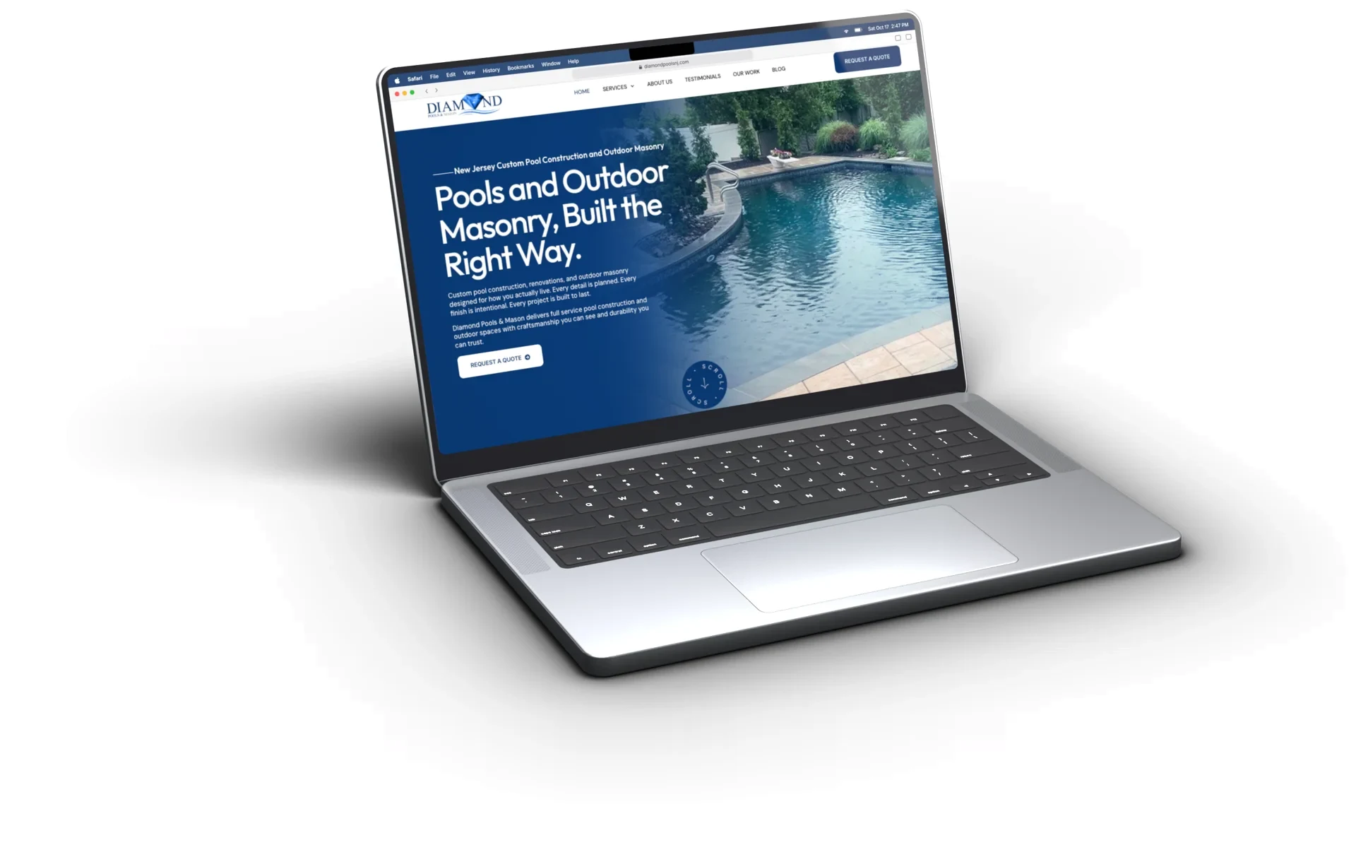 Contractor website on a laptop, designed by The Hype Hero for Diamond Pools and Mason