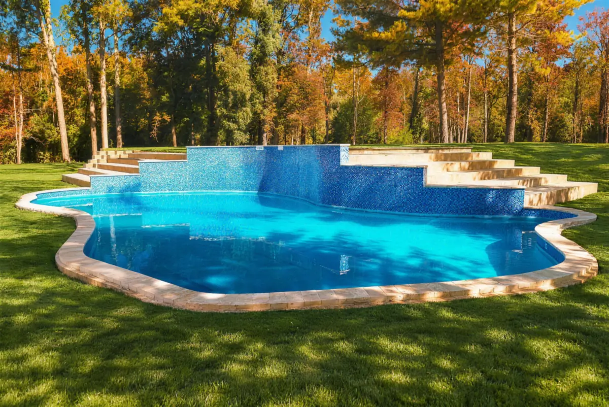Wide view of a new freeform inground pool surrounded by lawn and trees in Morganville NJ