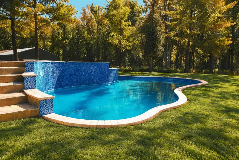 New pool with raised tile wall and stone stairs on Crine Road in Morganville NJ