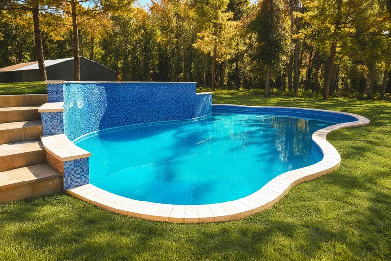Raised blue mosaic tile wall and stone steps beside a new pool in Morganville NJ