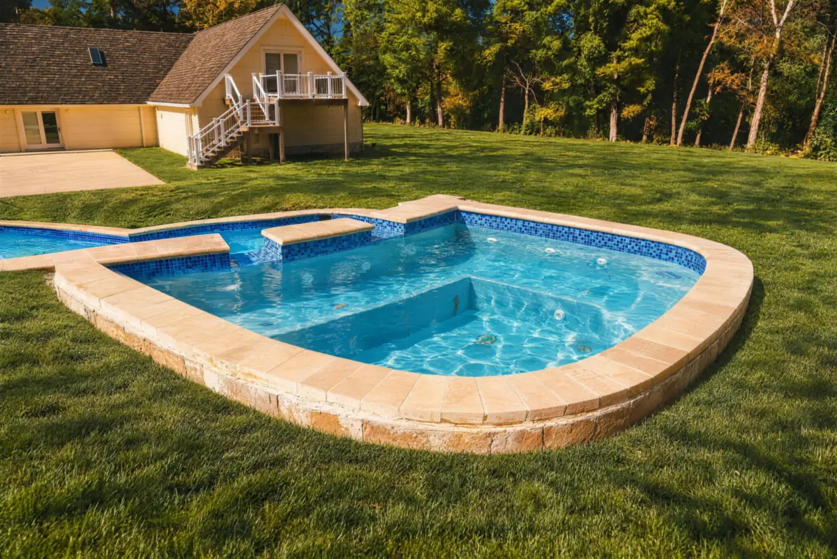 Raised spa spilling into a freeform inground pool with stone coping in Morganville NJ