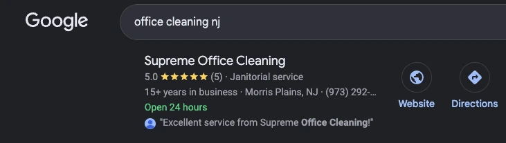 Google search for office cleaning nj showing Supreme Office Cleaning in Morris Plains NJ at the top with a 5.0 star rating