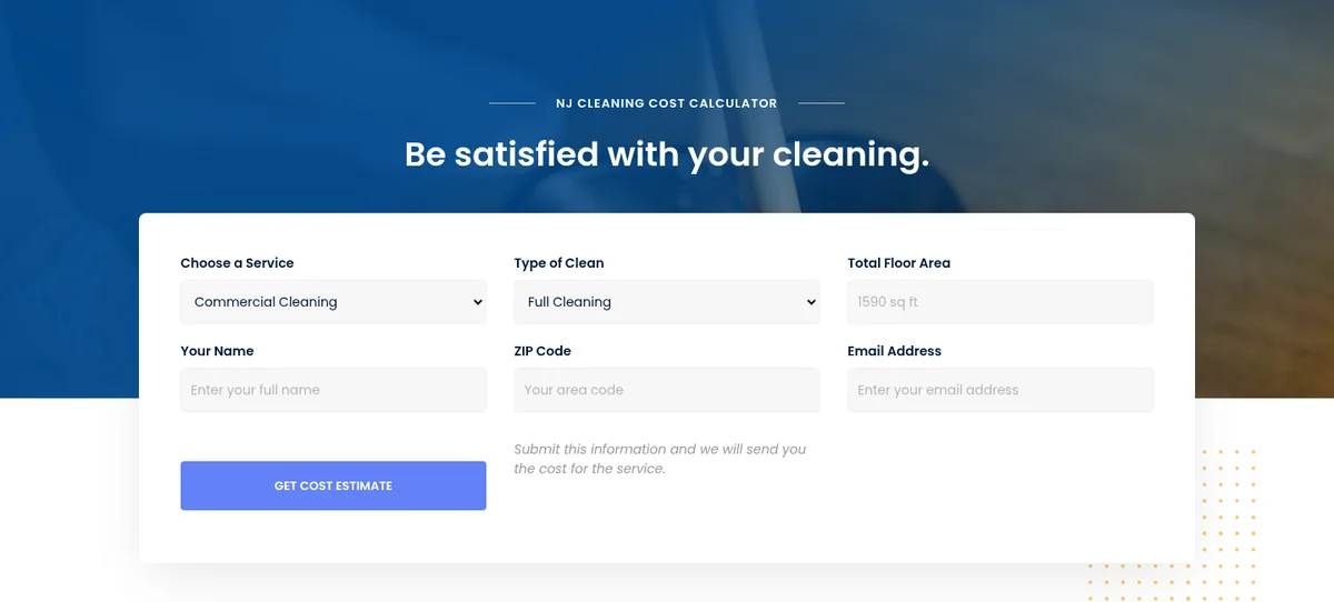 NJ cleaning cost calculator form on the Supreme Office Cleaning website