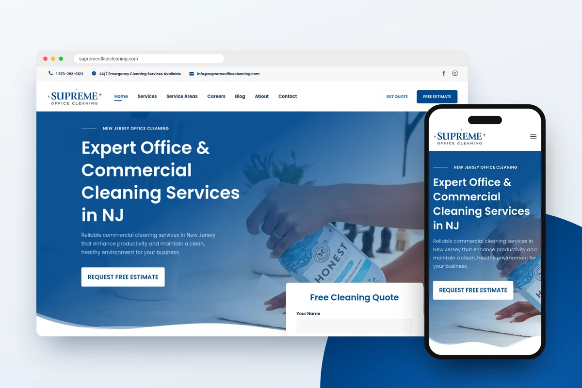 Supreme Office Cleaning website by The Hype Hero shown on a desktop browser and a phone