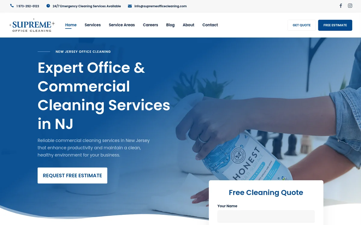 Supreme Office Cleaning homepage hero with the free cleaning quote form, website by The Hype Hero