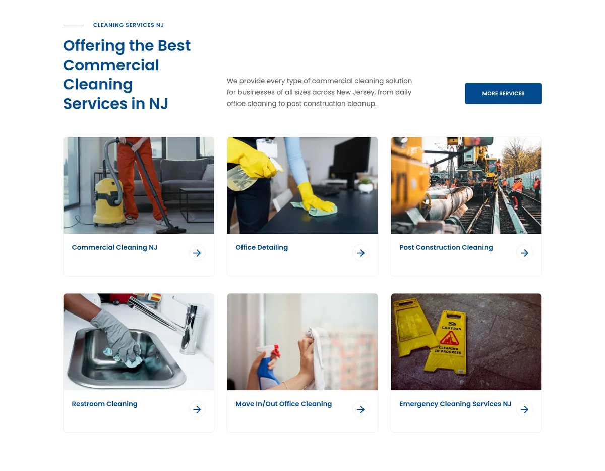 Commercial cleaning services grid on the Supreme Office Cleaning website for New Jersey businesses